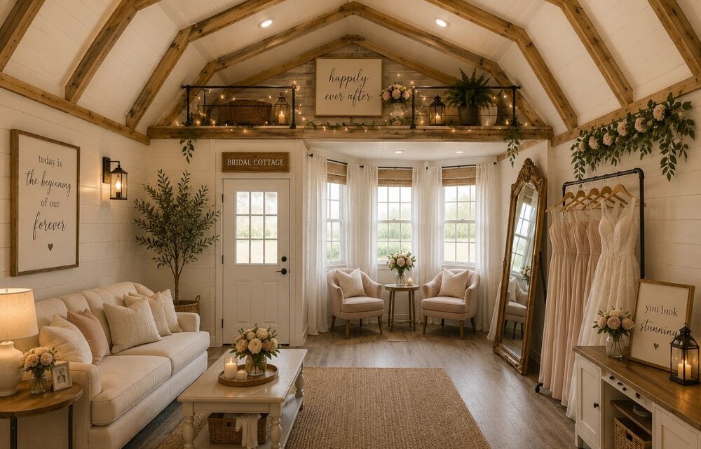 Bridal cottage concept with seating and dress display