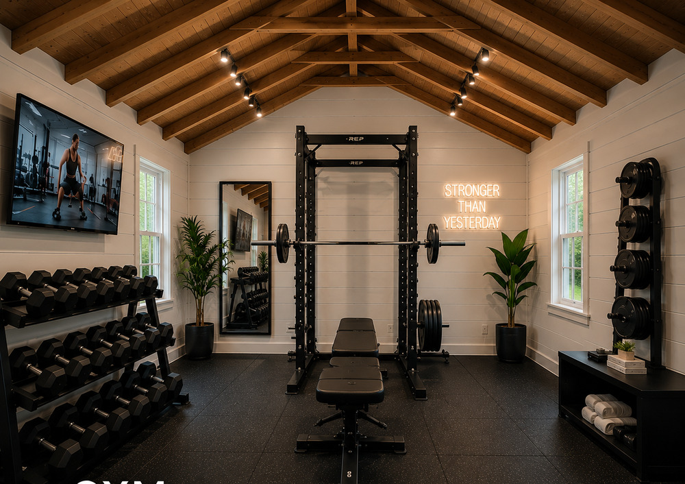 Home gym concept with rack, bench and dumbbells
