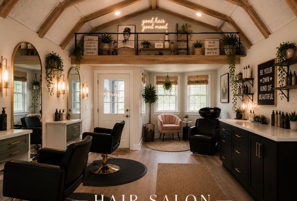 Hair salon concept with styling chairs and wash station