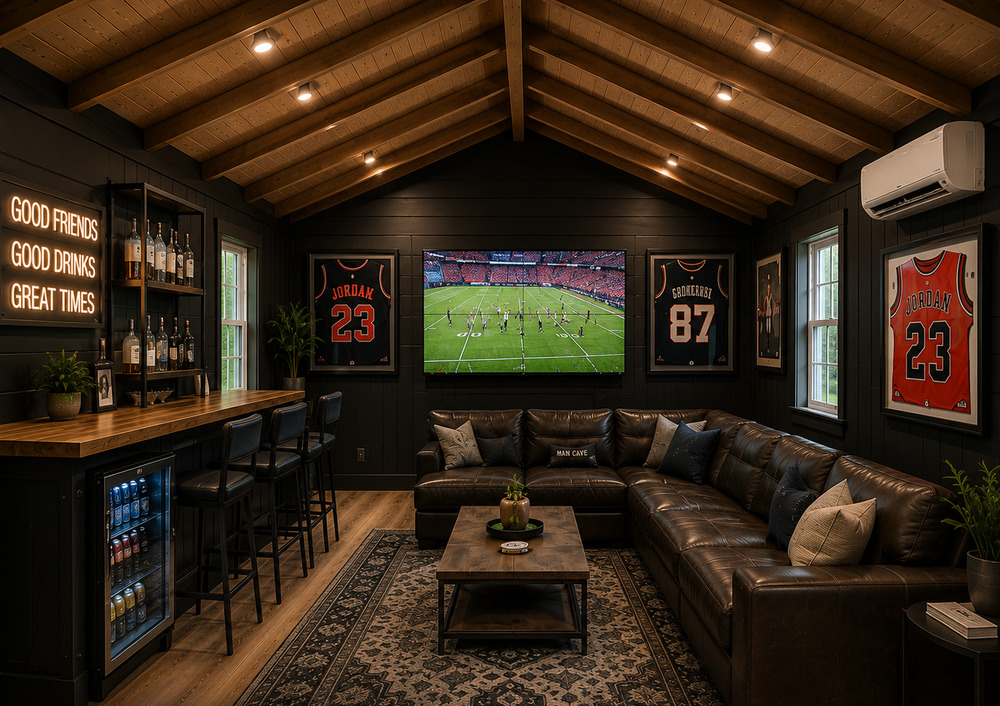 Media room and man cave concept with sectional and bar