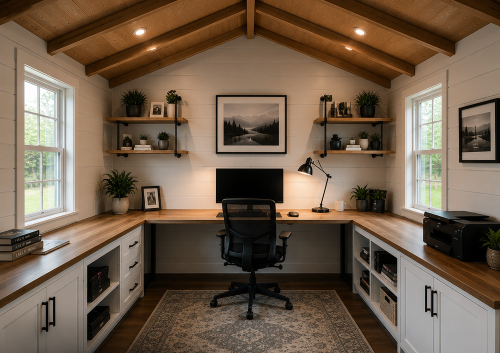 Home office concept with built-in desk and shelving