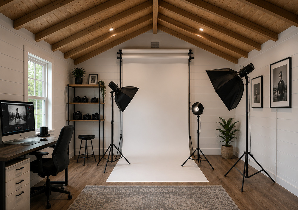 Photography studio concept with backdrop and lighting