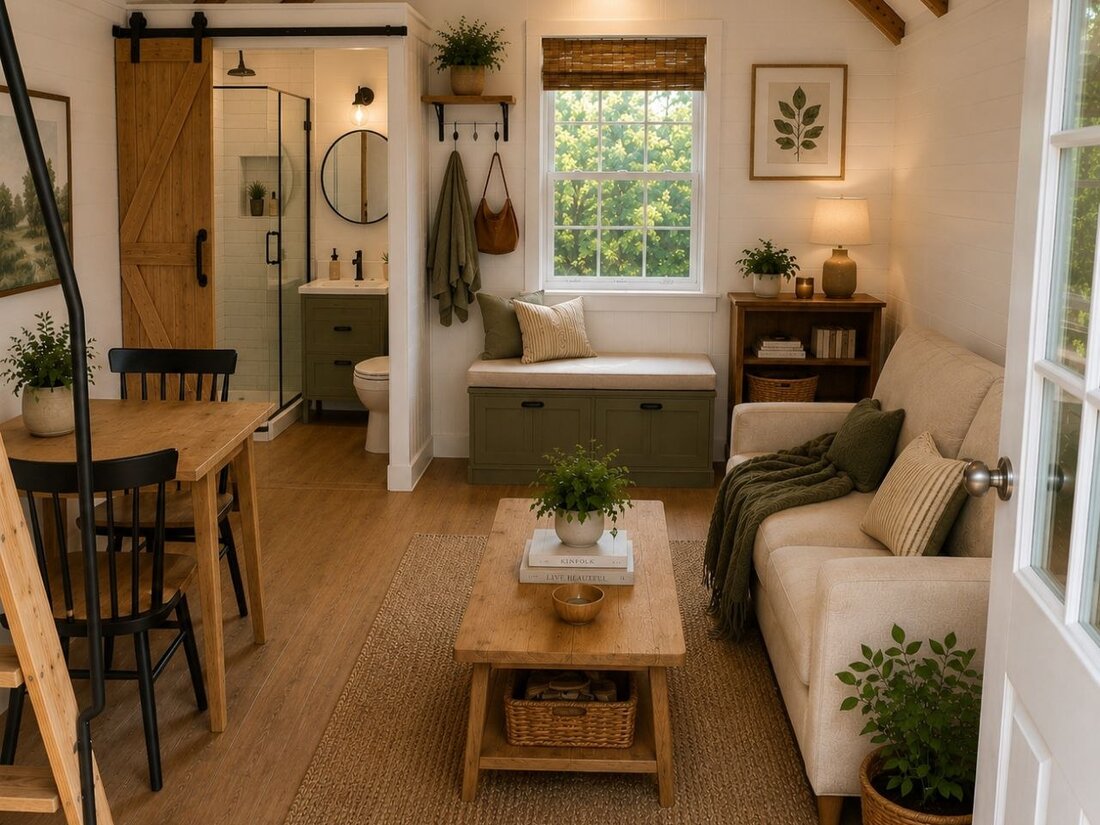 Furnished concept of the finished living room and bathroom