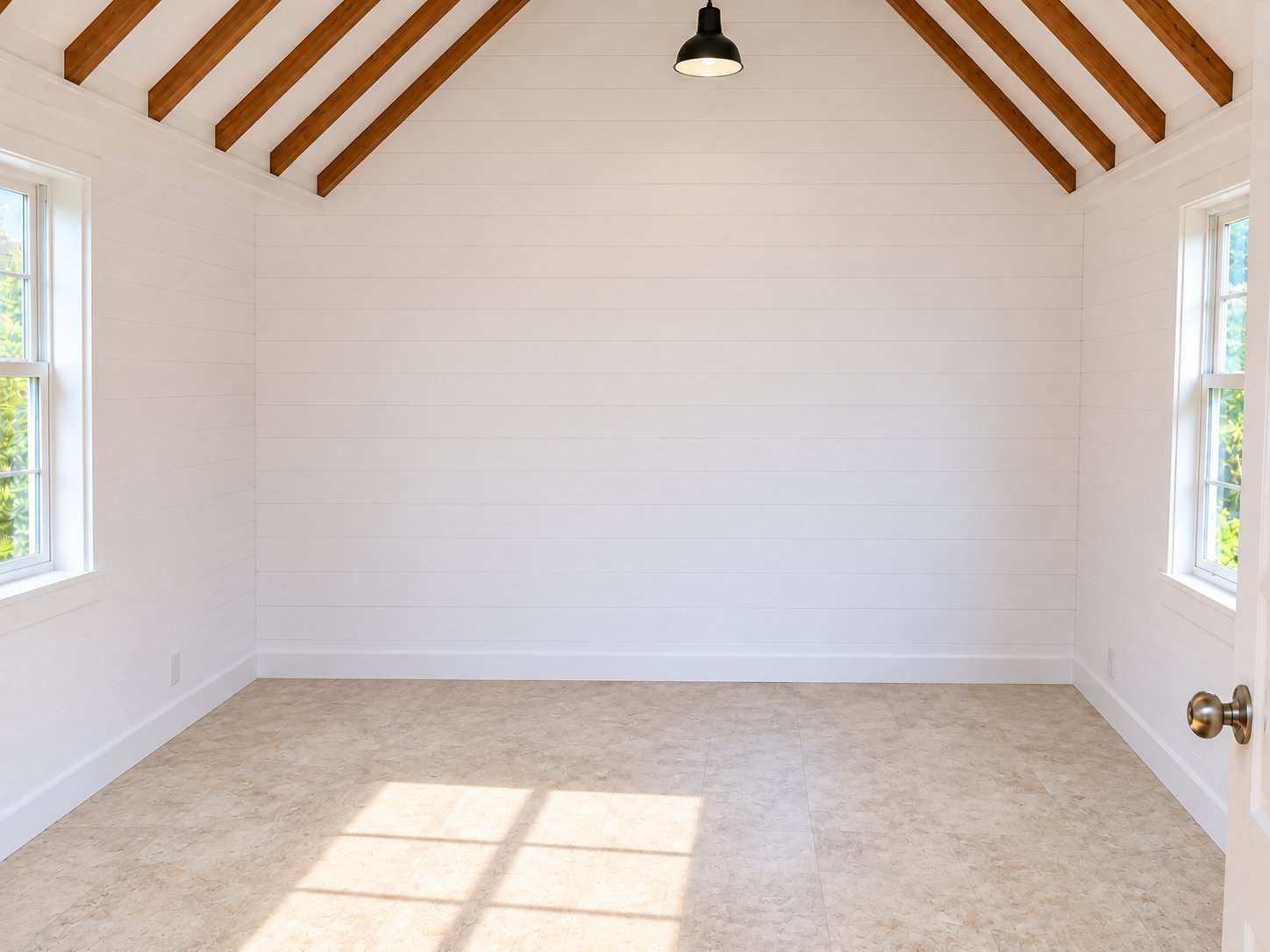 Real finished room with linoleum flooring, no bathroom fixtures yet