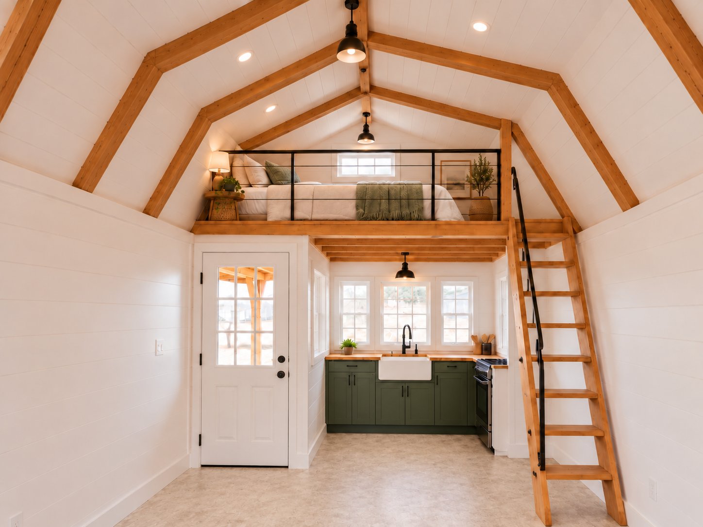 Real finished kitchen with linoleum flooring, loft set up for sleeping