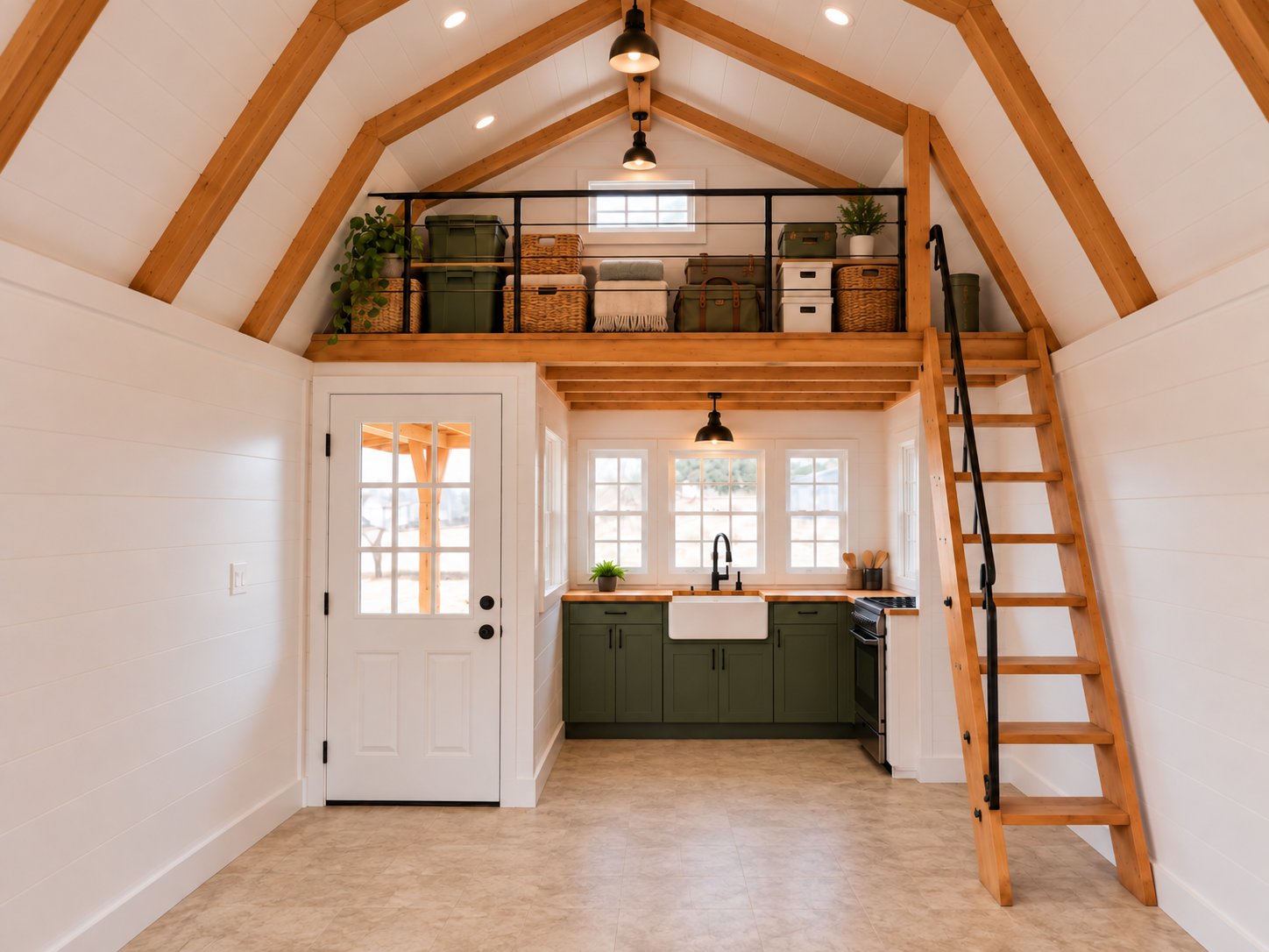 Real finished kitchen with linoleum flooring, loft set up for storage
