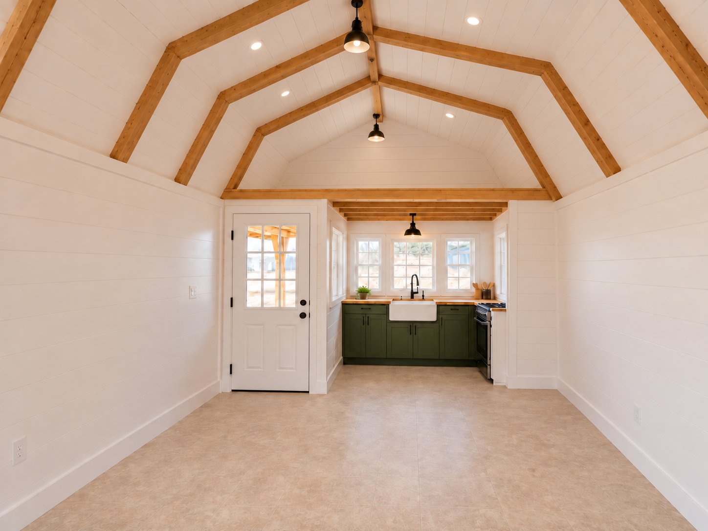 Real finished kitchen with linoleum flooring, no loft