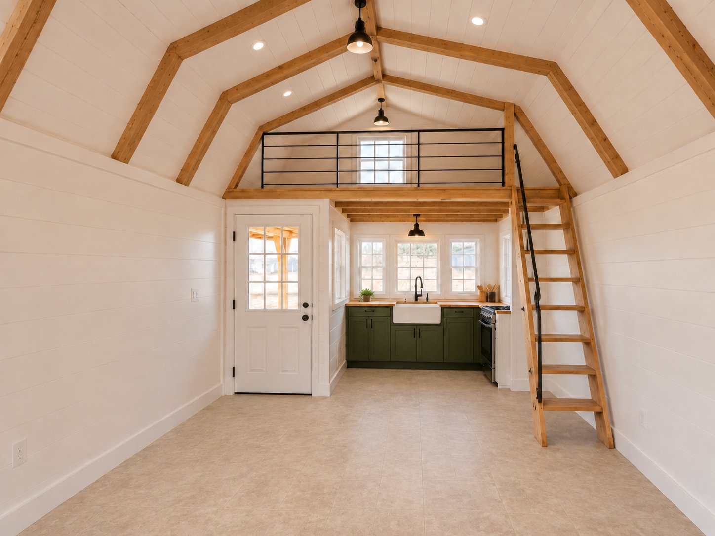 Real finished kitchen and loft with linoleum flooring