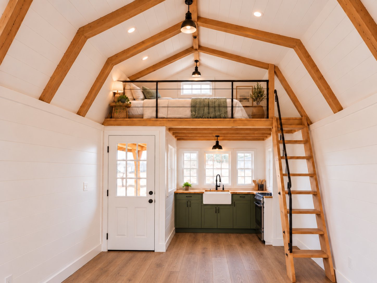 Real finished kitchen with LVP flooring, loft set up for sleeping