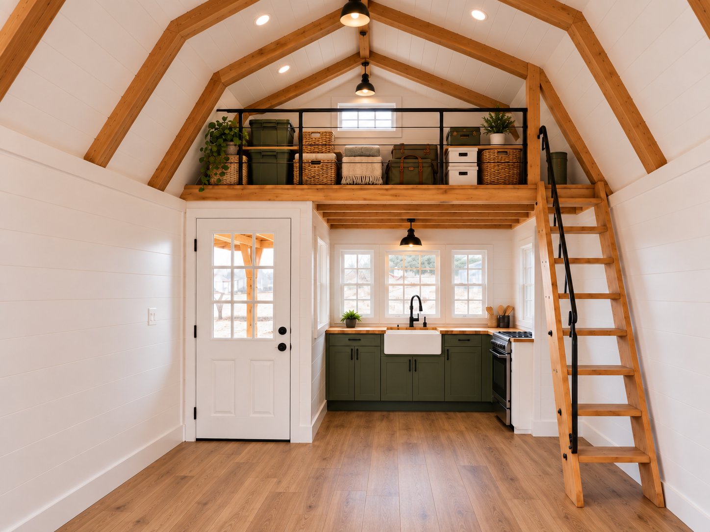 Real finished kitchen with LVP flooring, loft set up for storage