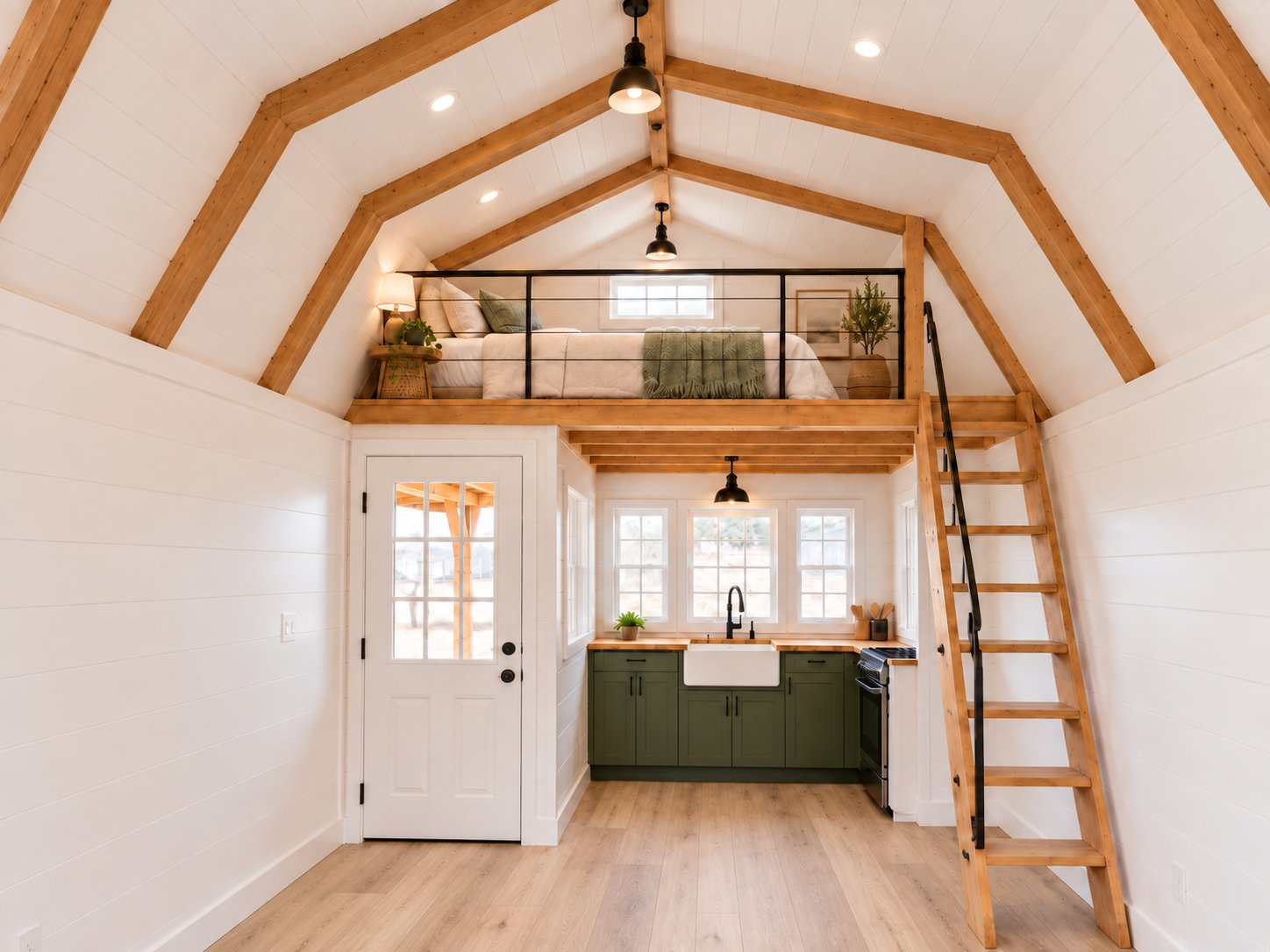 Real finished kitchen with premium LVP flooring, loft set up for sleeping