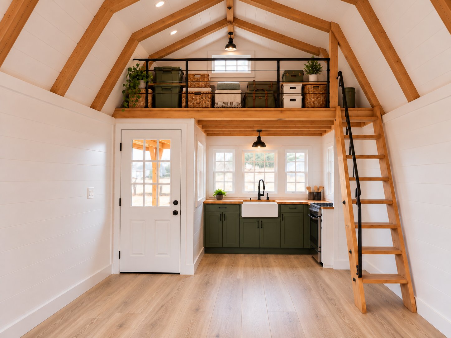 Real finished kitchen with premium LVP flooring, loft set up for storage